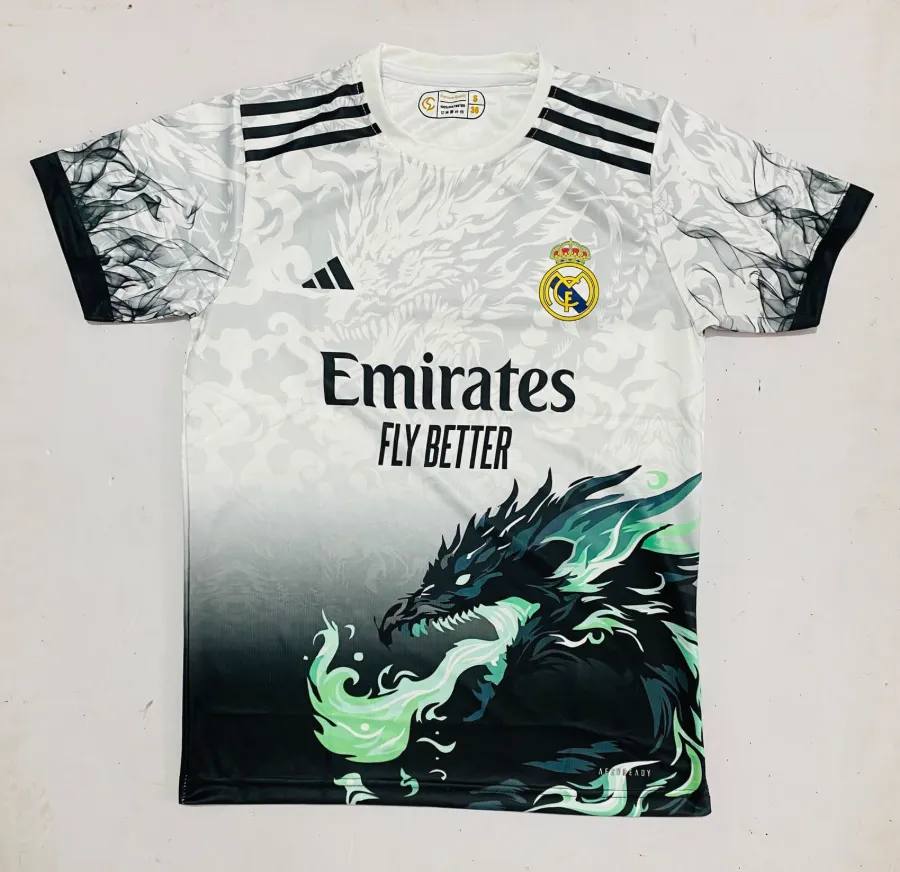 Real Madrid Dragon Special Edition Jersey | White & Black Dragon Design | Sublimation Logo | Half Sleeve