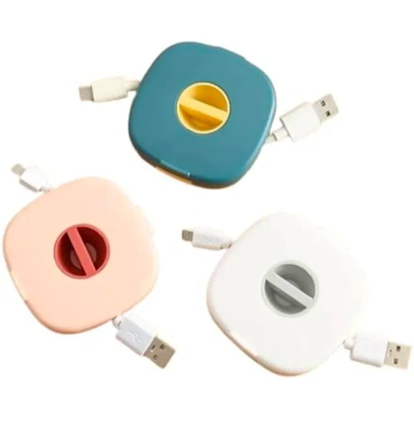 Retractable Cable Organizer Box – Handsfree Cord Winder & Portable Cable Storage Solution (Pink, White & Blue, Pack of 3)