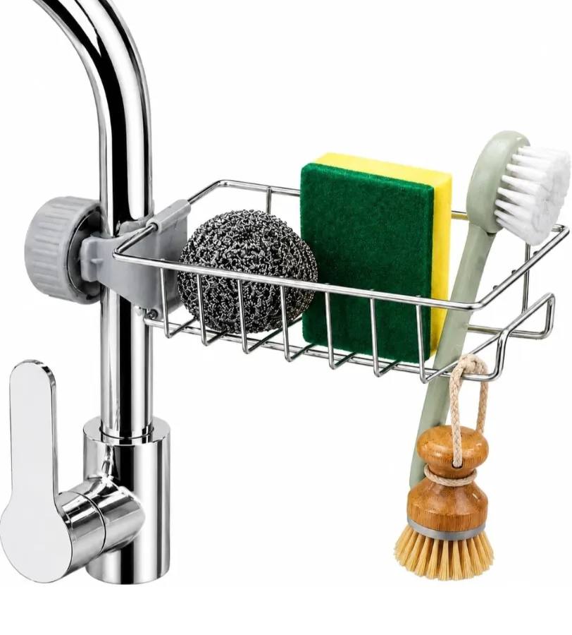 Premium faucet-mounted sink caddy for sponge, soap, and scrubber storage.