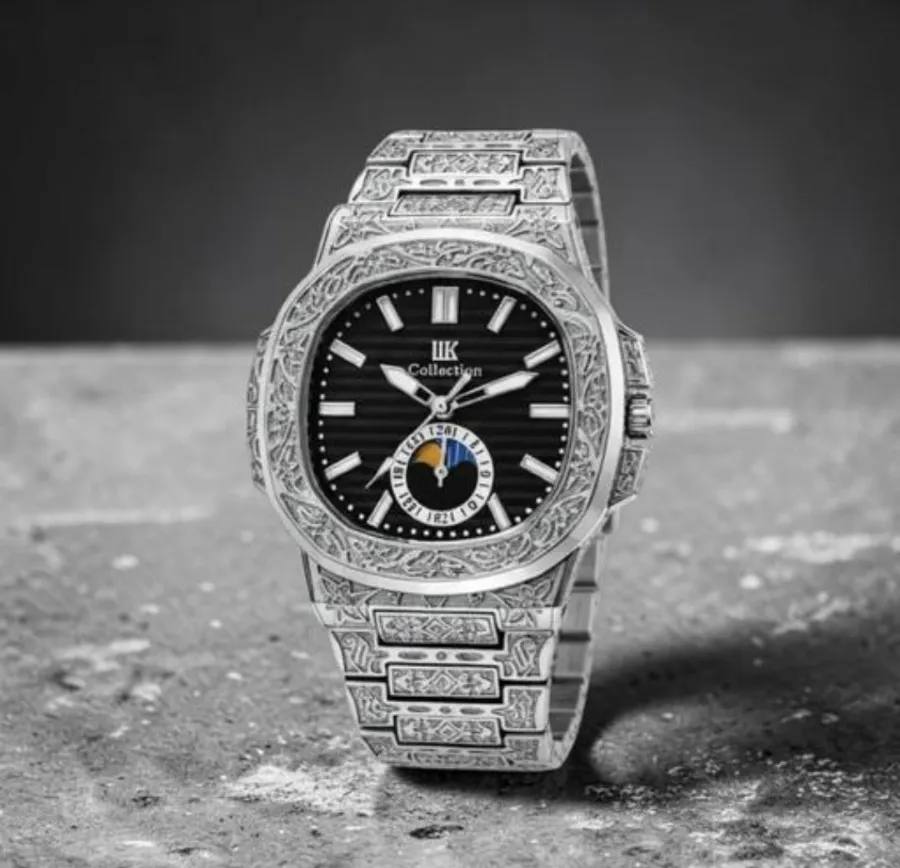 Men’s Luxury Black Dial Analog Watch – Engraved Metal Strap