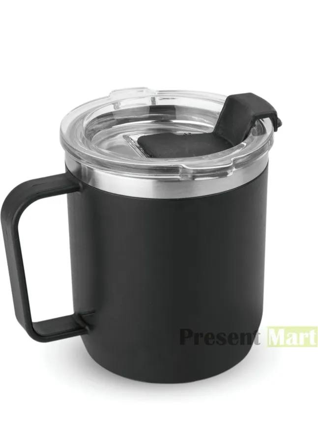 Stainless Steel Coffee Mug 350ml with Handle | Premium Clear Cap Mug with Lid Flip Top | Leakproof Travel Coffee Mugs, Tea Cup, Insulated Coffee Mug |Black
