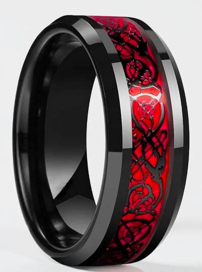 Stainless Steel Dragon Celtic Ring for Men, Black with Red Design, Stylish Band(Size-17)
