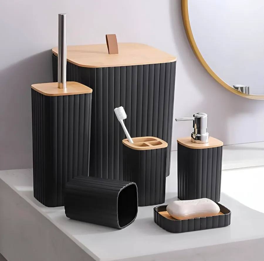 6-Piece Bathroom Accessories Set – Soap Dispenser, Toothbrush Holder, Mouthwash Cup, Toilet Brush with Holder, Dustbin and Soap Dish, Black Textured Finish