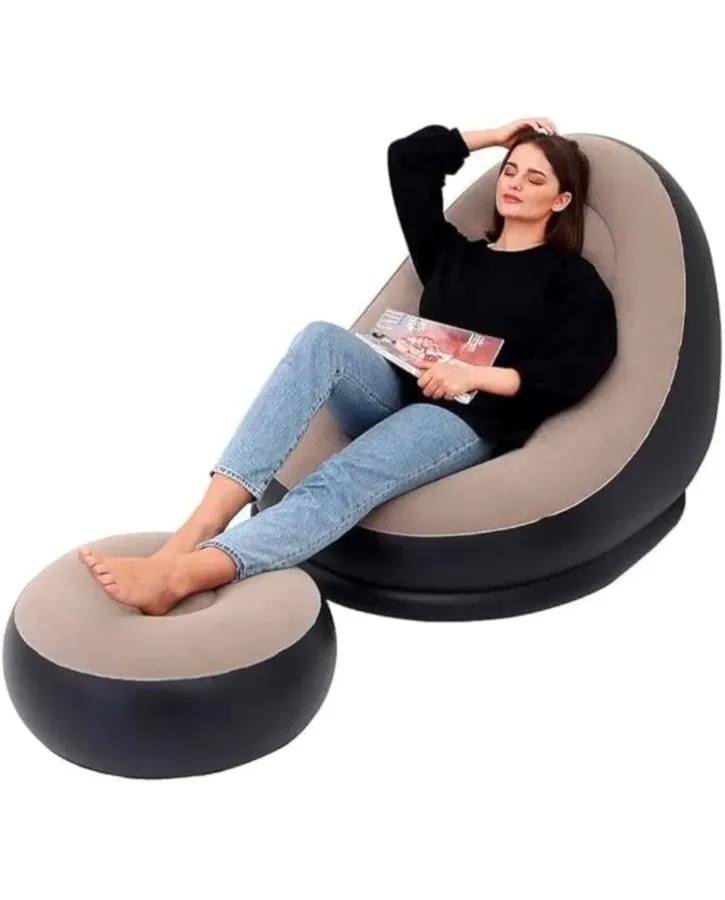Inflatable Lounge Chair with Footstool & Pump – Foldable Recliner Sofa Bed, Comfortable Flocked Air Chair for Living Room, Bedroom, Balcony & Outdoor Camping (Single Size)