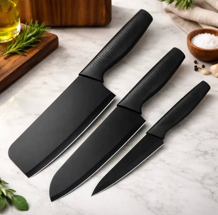 3Pcs Kitchen Knife Set with Blade Covers – Non Stick Black Chef Knife, Cleaver & Utility Knife