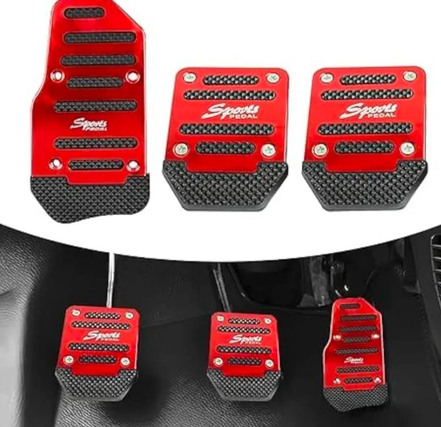 Universal Anti-Slip Aluminium Alloy Manual Car Pedal Cover Set – 3 Piece Clutch, Brake & Accelerator Pedal Pads (Red)