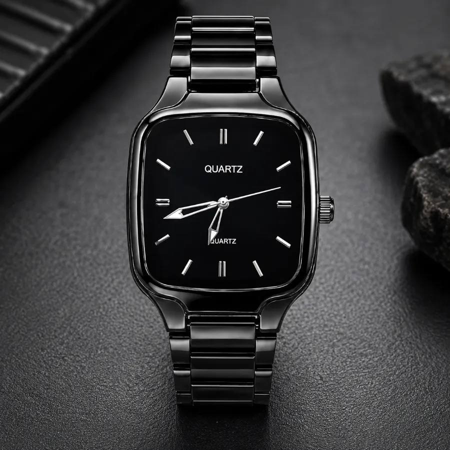 Men’s Premium Quartz Black Metal Analog Watch – Minimalist Square Dial