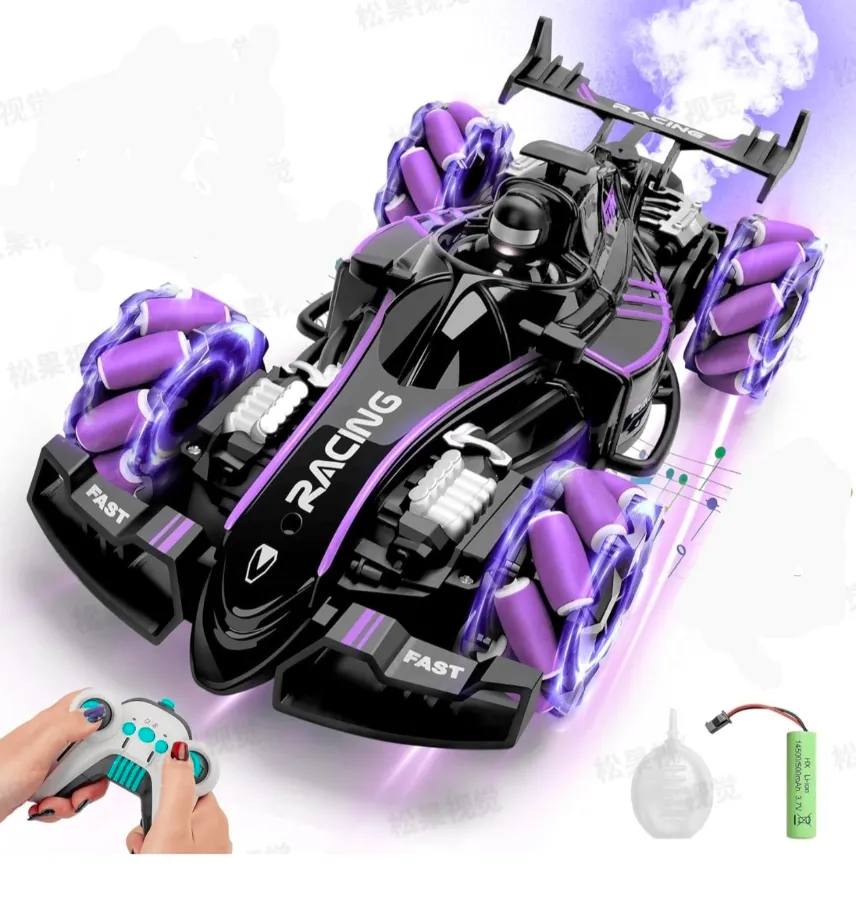 RC Formula Stunt Car with Fog Mist & LED Lights | 1:14 High Speed 25KM/H Remote Control Drift Car for Kids | 360° Spin, Rechargeable Off-Road Racing Toy for Boys & Girls (Purple)