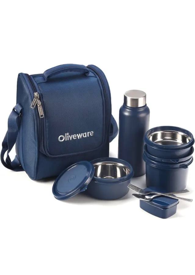 OLIVEWARE Teso Pro Lunch Box with Cutlery, 3 Microwave Safe Inside Containers with BPA Free Lids(290ml, 450ml & 600ml), Plastic Pickle Box(130ml), Steel Water Bottle(750ml) - Blue
