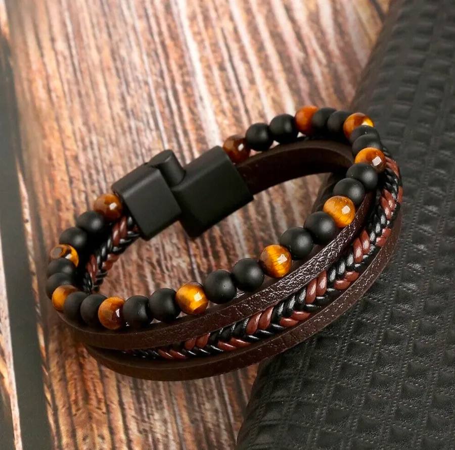 Natural Multi-Layer Beaded Leather Bracelet for Men – Tiger Eye, Matte Agate, Lava Rock & Lapis Lazuli Stone Bracelet with Stainless Steel Magnetic Clasp