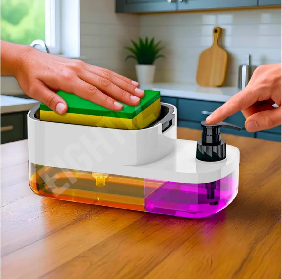 3 in 1 Soap Pump Dispenser Dish Soap Liquid Dispenser Sponge Holder Dish Soap Dispenser for Kitchen Sink Countertop Kitchen Bathroom (Pack of 1)