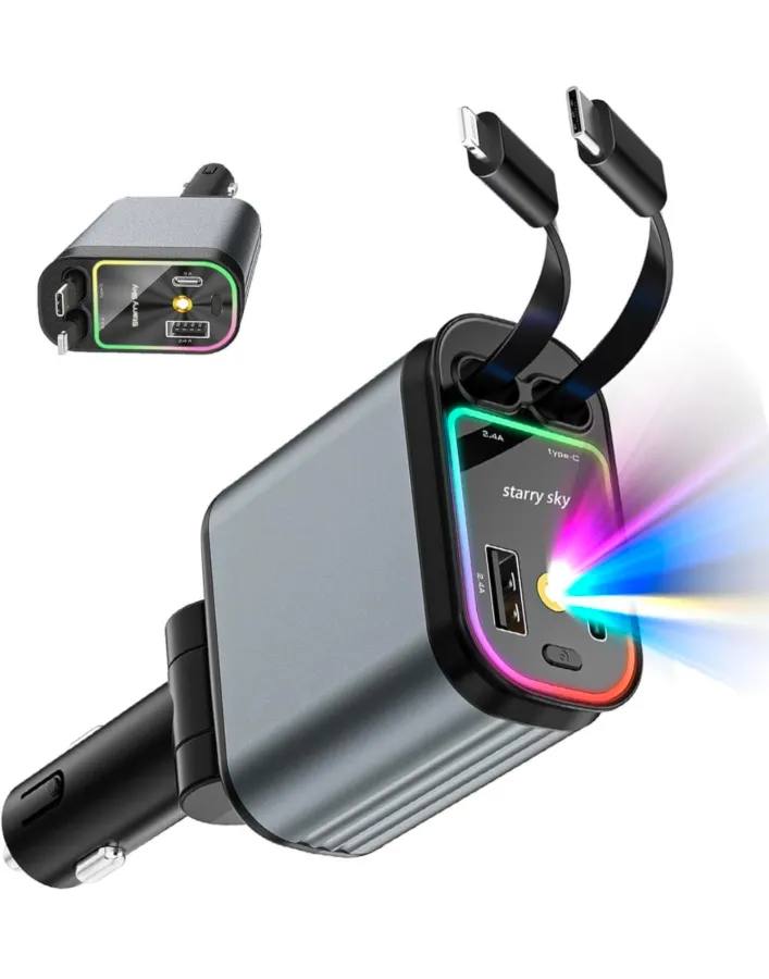 120W Retractable 4 in 1 Car Charger, Starlight Projection in Car Roof, Type C + iOS Retractable Car Phone Charger Compatible with Smart Phone