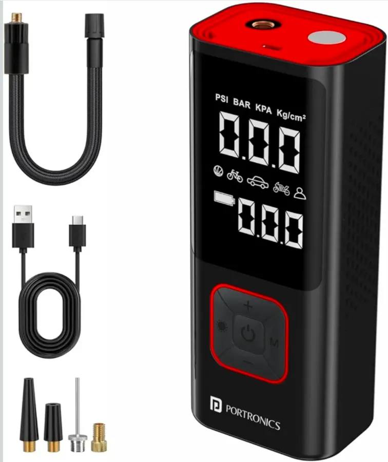Portronics Vayu 2.0 Rechargeable Tyre Inflator with 150 PSI Pressure, 6000 mAh Battery, Preset Modes, Digital Display, Flashlight Torch, Air Pump Compressor for Car, Bike, Cycle (Black)