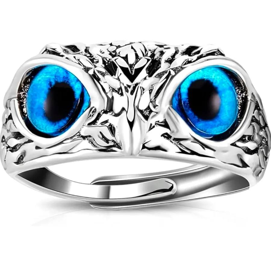 Owl Eye Adjustable Ring, Stainless Steel, Blue Eyes, for Men and Women, 1 Piece
