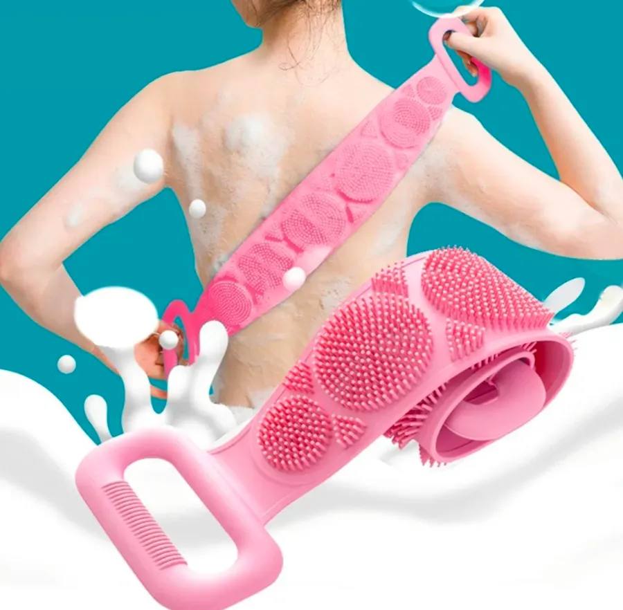 Silicone Back Scrubber for Shower Soft Bath Belt Scrubber Eco-Friendly Durable Exfoliating and Removing Impurities Maintaining Skin Vitality (Pink)