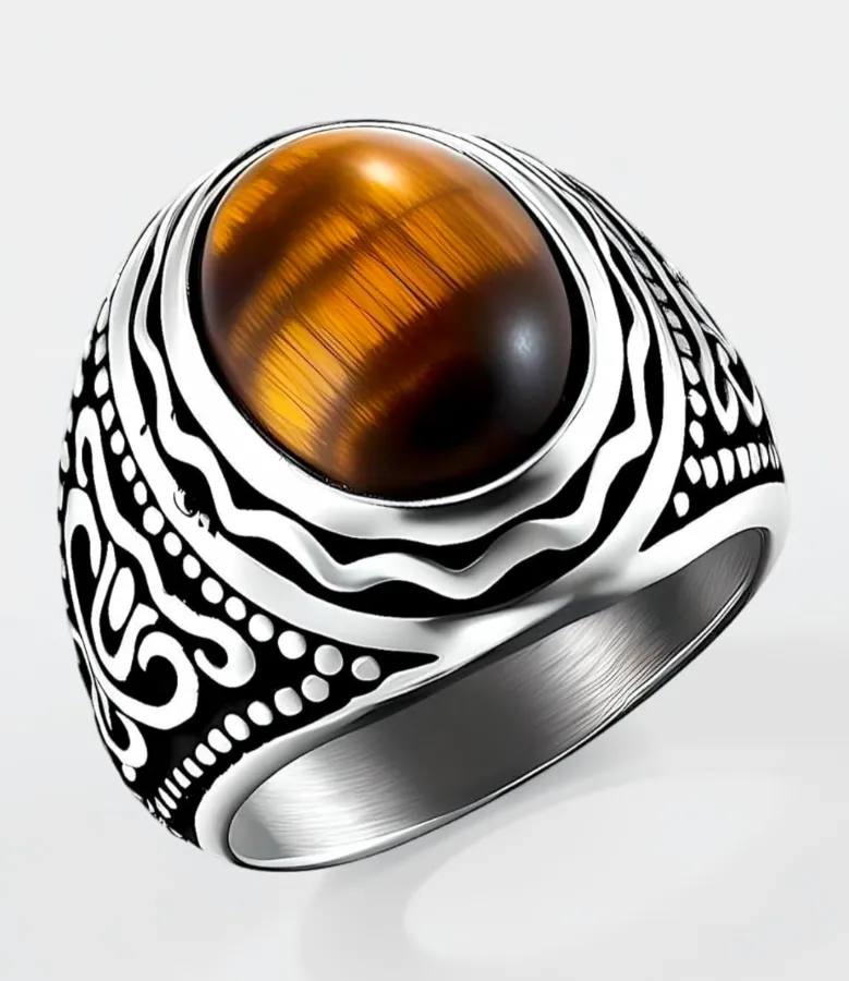 THE MEN THING Vintage Tiger Eye Stone Ring for Men – Luxury Titanium Stainless Steel Jewellery Ring