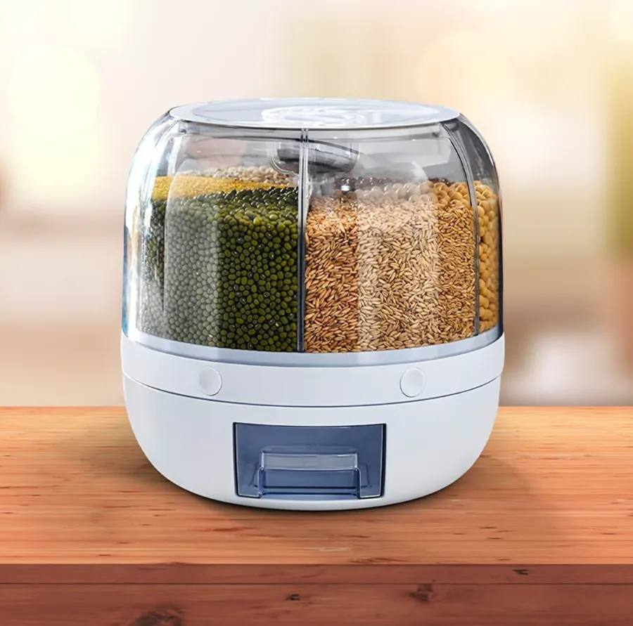 6-Grid Rotating Food Dispenser - Rice Bucket Storage Tank, Cereal Dispenser, Stackable Containers,White
