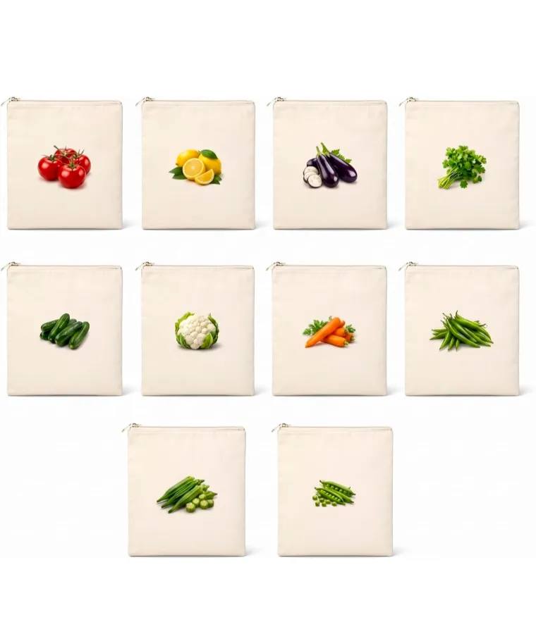 100% Cotton Reusable Vegetable Bag for Fridge | Washable Breathable Zipper Sabji Produce Bag | Eco-Friendly Plastic-Free Grocery Storage Bag | 12x12 Inch | Pack of 10
