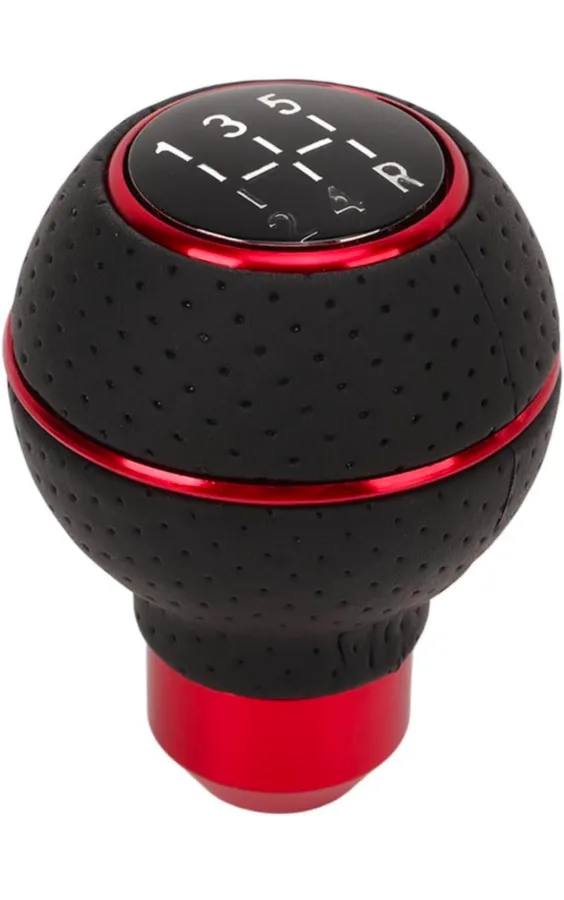 MOMO 5 Speed Aluminum Base Metal Ring Leather Covered Gear Knob Gear Shifter Handle Knob for All Manual Transmission Cars (Red)