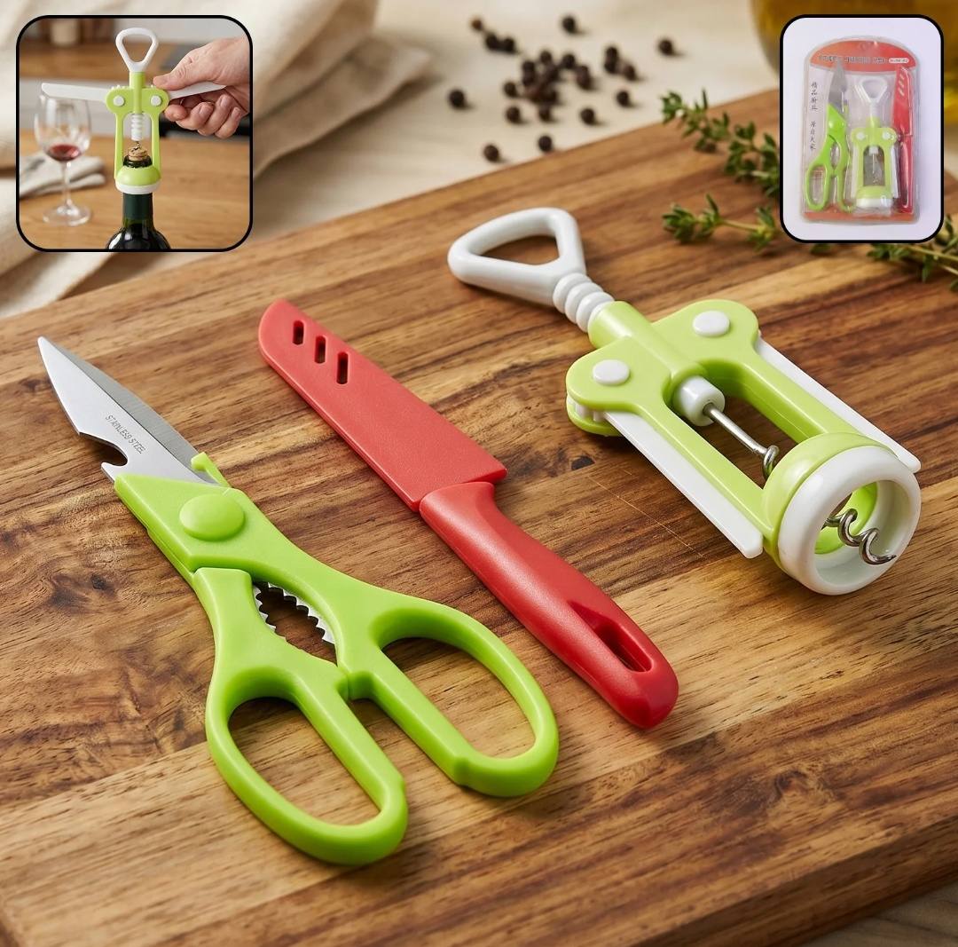 3 Pc Set Kitchen Tool Kit – Wine Bottle Opener, Knife, and Scissors Set