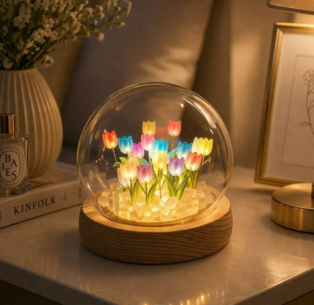 DIY Tulip Night Light Kit LED Glass Dome Decorative Table Lamp – Blue